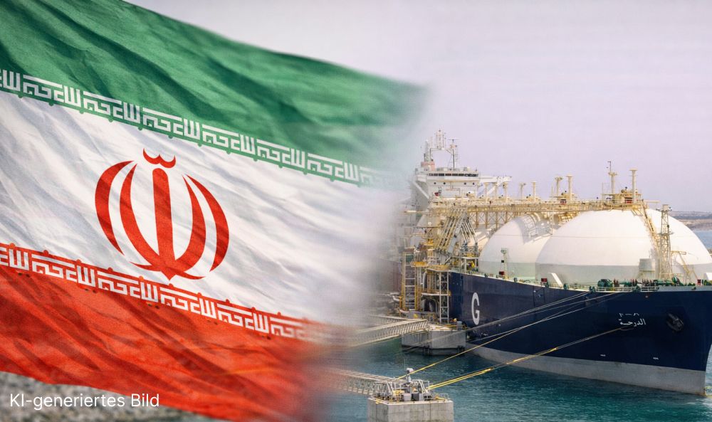 KI-Bild von Frachtschiff mit LNG Gas an Board und Iran-Flagge