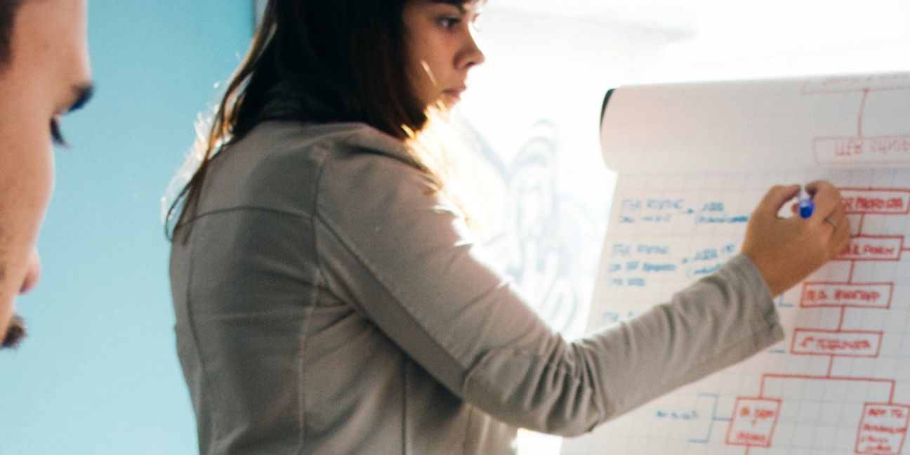 Dieses Bild zeigt eine Frau, die ein Diagramm zeichnet und verdeutlicht das Thema VSME: Der Nachhaltigkeitsbericht für KMU