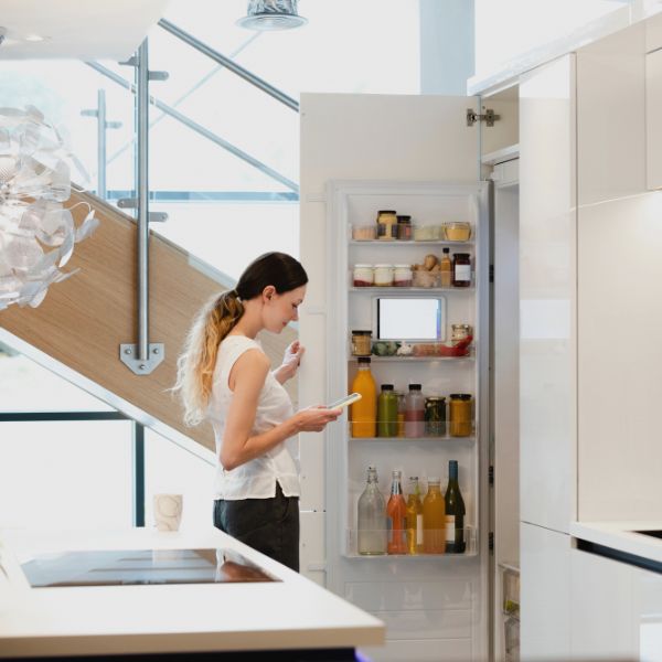 Frau steht an einem offenen Kühlschrank