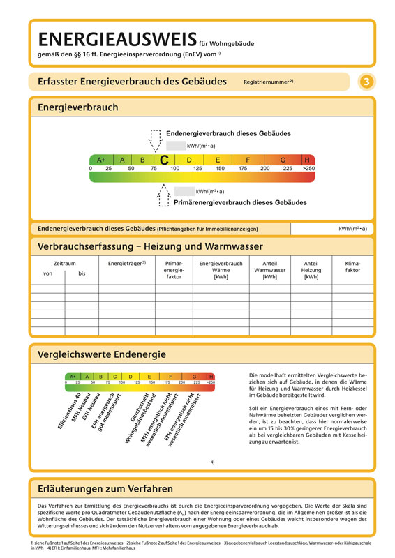 Abbildung eines Energieausweises für Wohngebäude.