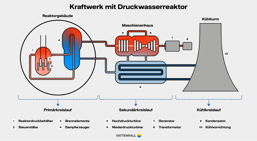 Infografik: Eine Illustration zeigt ein Kraftwerk mit Druckwasserreaktor. Bestandteile im Primär- Sekundär- und Kühlkreislauf werden benannt.