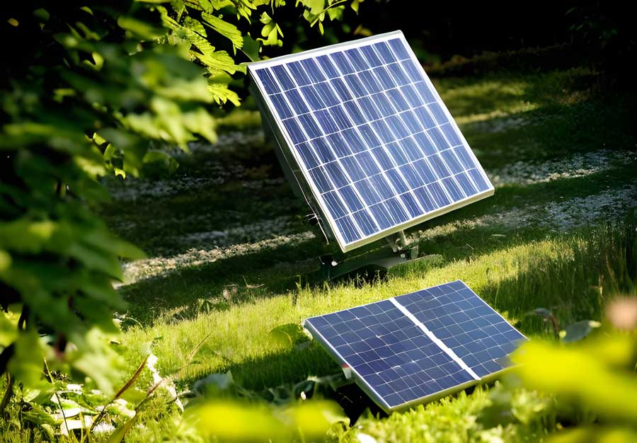 Balkonkraftwerk steht im Garten auf dem Rasen