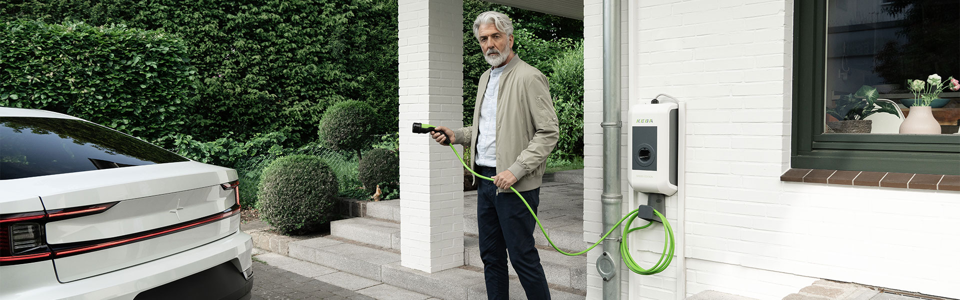 Ein Mann steht mit einem Ladekabel einer Wallbox in der Hand direkt vor seinem Hauseingang. Im bewegt sich mit dem Kabel in Richtung seines Elektroautos an der linken Bildseite.