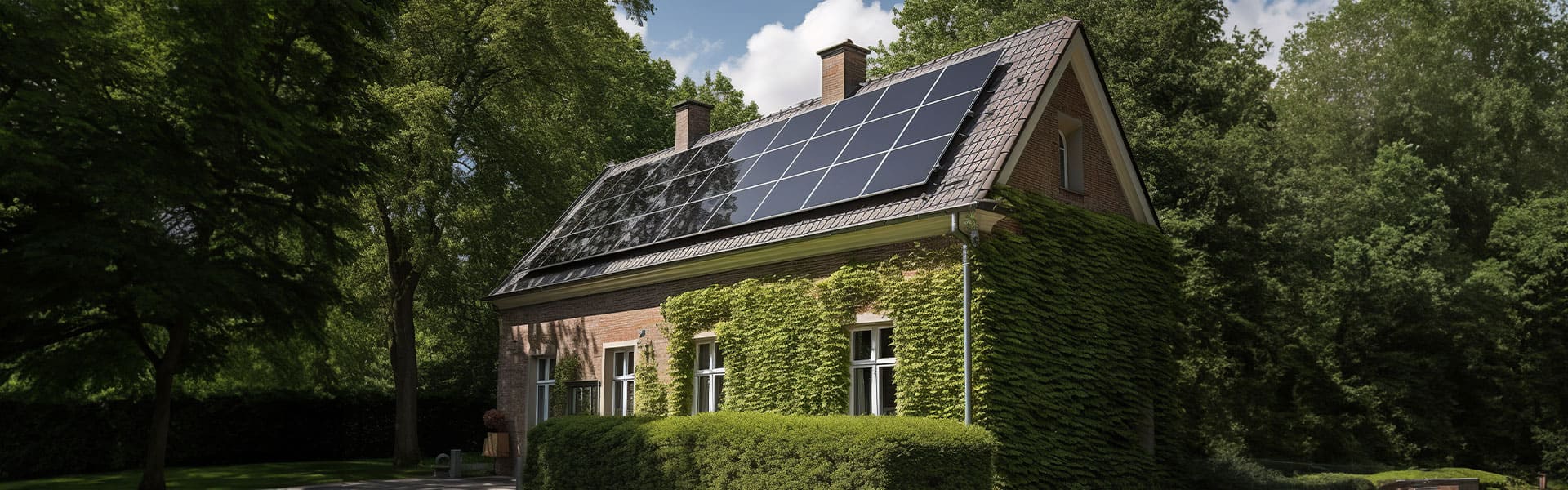 Haus im Grünen mit Solarmodulen auf dem Dach.