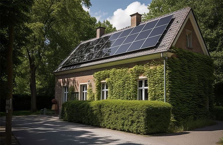 Haus im Grünen mit Solarmodulen auf dem Dach.