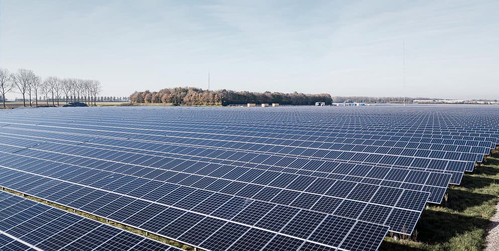 Solarpark auf grüner Landfläche.