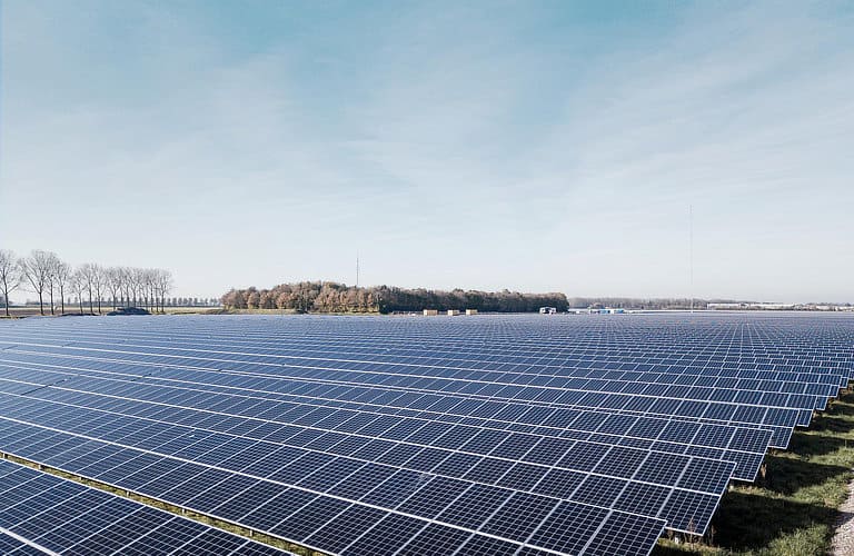 Solarpark auf grüner Landfläche.