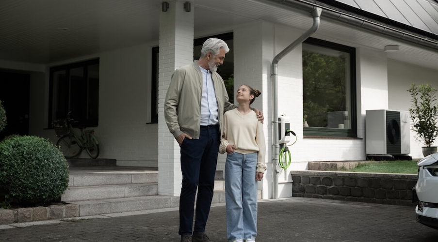 Älterer Mann umarmt Kind vor Einfamilienhaus.