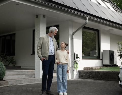 Älterer Mann umarmt Kind vor Einfamilienhaus.