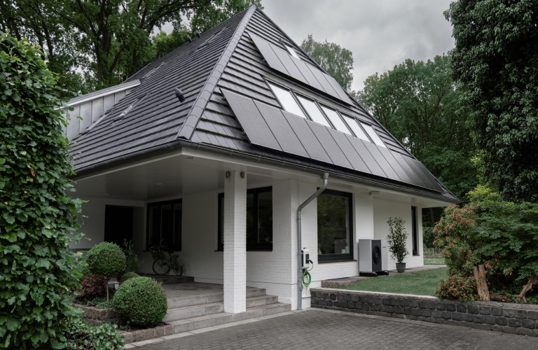 Eine Photovoltaikanlage auf einem Einfamilienhaus, das von Bäumen umgeben ist.