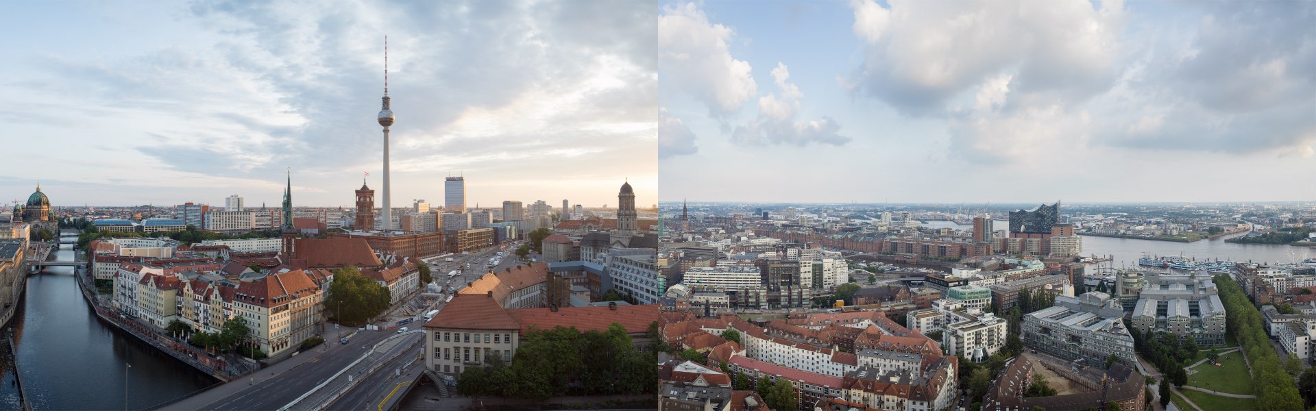 Das Bild ist zweigeteilt. Auf der linken Seite ist die Skyline von Berlin zu erkennen mit dem Fernsehturm im Vordergrund. Auf der rechten Seite die Skyline von Hamburg mit der Elbphilharmonie im Vordergrund.