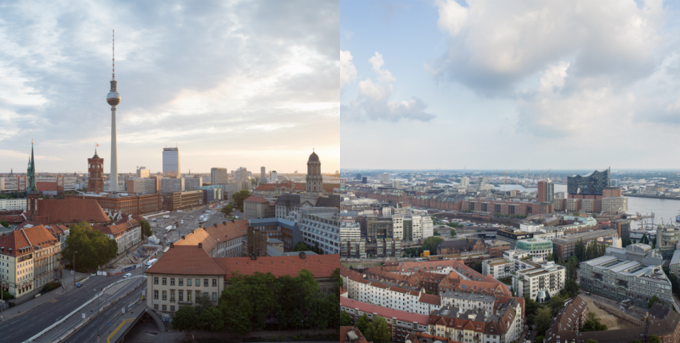 Das Bild ist zweigeteilt. Auf der linken Seite ist die Skyline von Berlin zu erkennen mit dem Fernsehturm im Vordergrund. Auf der rechten Seite die Skyline von Hamburg mit der Elbphilharmonie im Vordergrund.