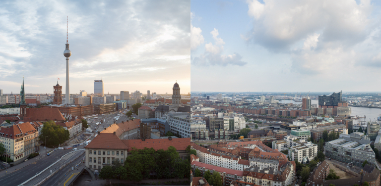 Das Bild ist zweigeteilt. Auf der linken Seite ist die Skyline von Berlin zu erkennen mit dem Fernsehturm im Vordergrund. Auf der rechten Seite die Skyline von Hamburg mit der Elbphilharmonie im Vordergrund.