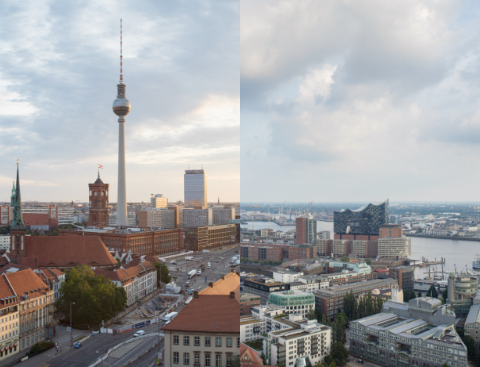 Das Bild ist zweigeteilt. Auf der linken Seite ist die Skyline von Berlin zu erkennen mit dem Fernsehturm im Vordergrund. Auf der rechten Seite die Skyline von Hamburg mit der Elbphilharmonie im Vordergrund.